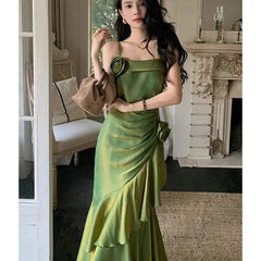 Green Spaghetti Strap Pleated Ruffle Hem Midi Dress