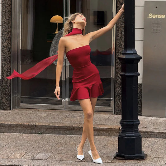 Strapless Solid Scarf Collar Ruffle Mini Dress