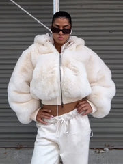 Faux Fur Zipper Hooded Jacket