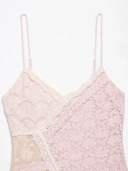 Pink Patchwork Pattern Lace Spaghetti Strap Mini Dress