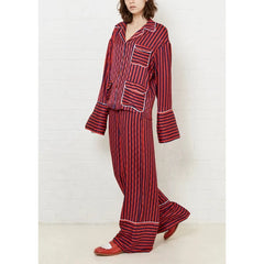 Striped Satin Button Down Long Sleeve Top and Pants Loungewear Set