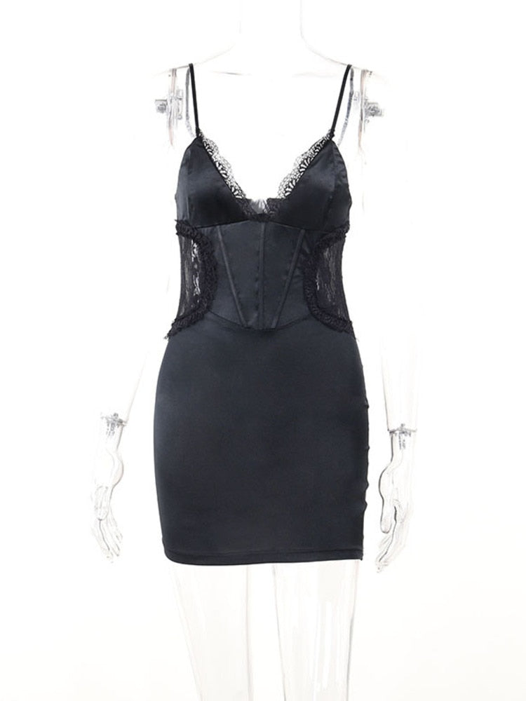 Black Side Lace Design Mini Dress