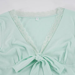 Lace V‑Neck Front Bow Knot 3/4 Sleeve Tee