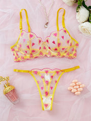 Yellow Heart Embroidery Mesh Lingerie Set