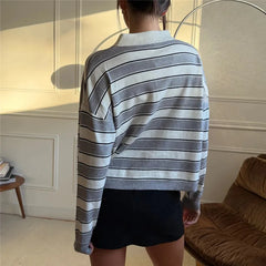 Grey Stripe Lapel Collar Long Sleeve Knit Top