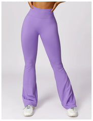 Purple flared pants worn by a person - front view