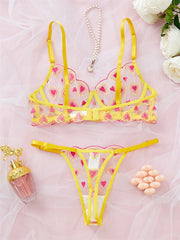 Yellow Heart Embroidery Mesh Lingerie Set