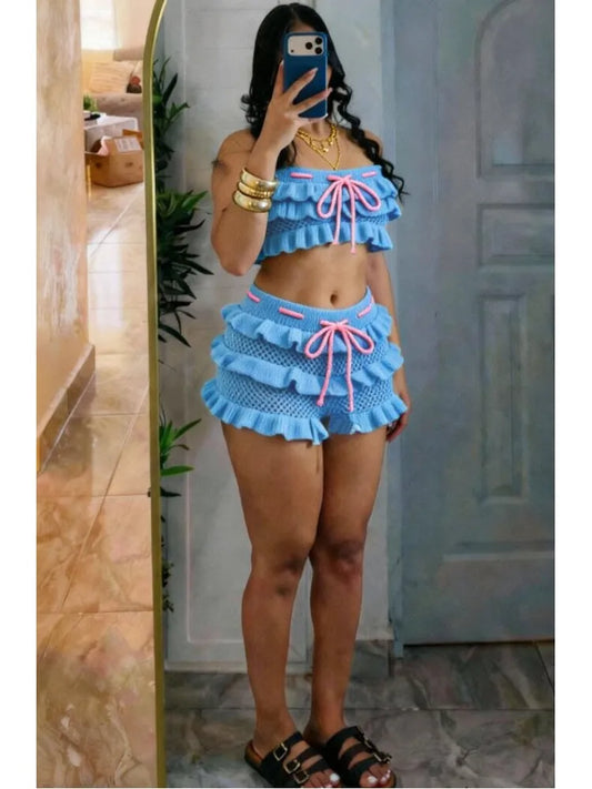 Knitted Ruffle Tiered Crop Top And Ruffle Shorts Set