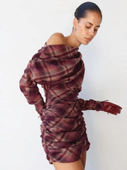 Plaid Off-Shoulder Full-Sleeve Mini Dress