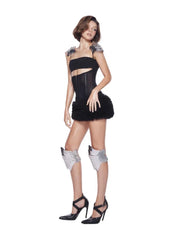 Black Fur Gem Corset Cut Out Mini Dress