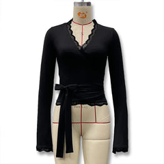 Lace Trim Long Sleeve Wrap Around Top