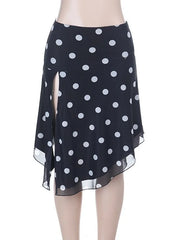 Black Polka Dot Printed Irregular Split Midi Skirt