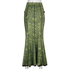 Green Lace Printed Trumpet Long Skirt Free From Label