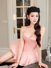 Strapless Lace-up Puffy Ruffles Patchwork Mini Dress