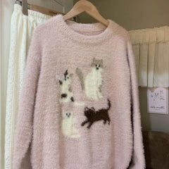 Pink Multi‑Cat Fuzzy Sweater