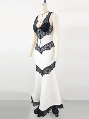 White Lace Patchwork Mermaid Hem Midi Dress