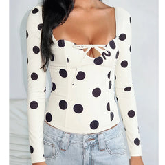 White Polka Dot Tie-up Front Long Sleeve Top