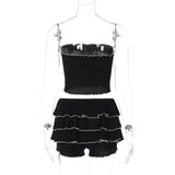  Black Bow Knot Lace Up Short Top Ruffled Cake Skirt Suit