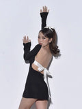 Black Long Sleeve Backless Tie Up Mini Dress