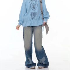 Bow Print Mid Rise Wide Leg Denim Pants