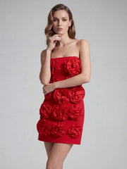 Red Strapless 3D Flower Mini Dress