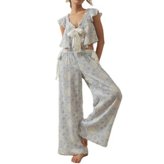Printed Bow Tie Up Top And Pants Pj Set