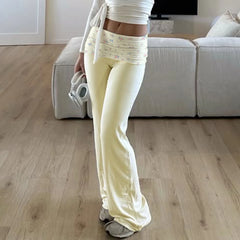 Floral Print Fold Over Waist Wide Straight Leg Trousers