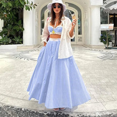 Blue Stripe Lace Trim Crop Top And Long Skirt Set Free From Label