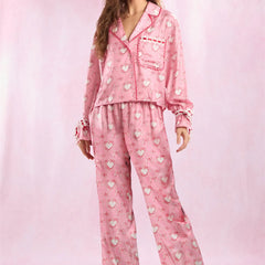 Heart Print Satin Long Sleeve Button Shirts And Pants Pajama Set