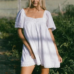 Square Neck Flutter Sleeve Eyelet Babydoll Mini Dress