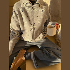 Paisley Knitted Zipper Stand Collar Cardigan Sweatshirt