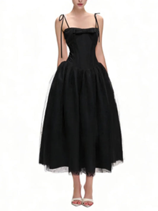 Square Neck Sleeveless Tie Up Strap Bow Mesh Midi Dress