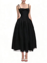Square Neck Sleeveless Tie Up Strap Bow Mesh Midi Dress