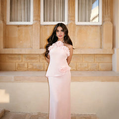 Pink Halter 3D Flower Ruffle Maxi Dress
