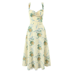 Yellow Floral Print Sweetheart Neckline Strap Midi Dress