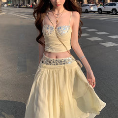 Rhinestone Patchwork Mesh Crop Top And Midi Skirt Set