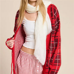 Red Plaid Lace Up Knit Cardigan