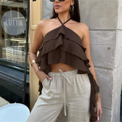 Tie-Up Halter Neck Ruffles Crop Top