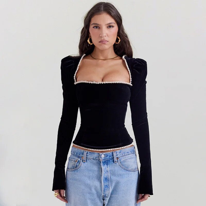 Black Long Sleeve Square Neck Corset Tie Up Top – Free From Label