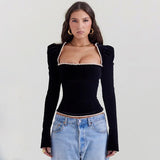 Black Long Sleeve Square Neck Corset Tie Up Top
