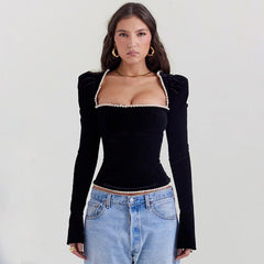 Black Long Sleeve Square Neck Corset Tie Up Top - Free From Label