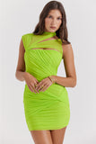 Green Mesh Ruched Neck Cut Out Design Bodycon Mini Dress
