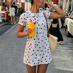 Ruffle Collar Polka Dot/Striped Short Puff Sleeve A-Line Mini Dress