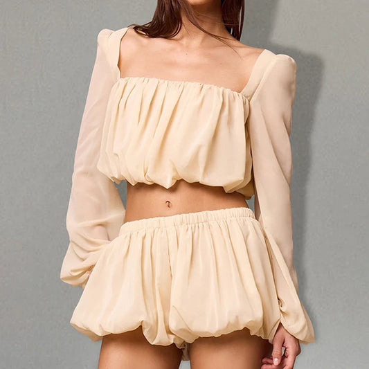 Square Neck Puff Sleeve Pleated Top And Shorts Set