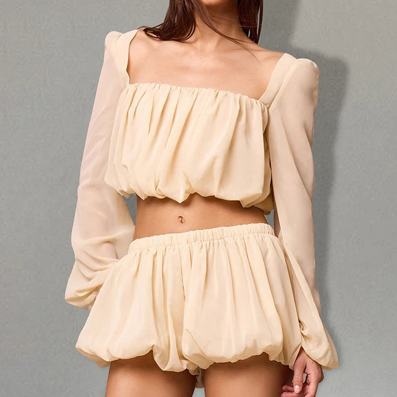 Square Neck Puff Sleeve Pleated Top And Shorts Set – Free From Label