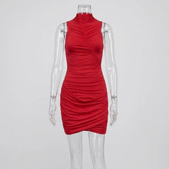Ruched Bodycon Sleeveless High Neck Mini Dress