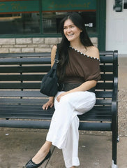 Brown Button Up Off-Shoulder Top