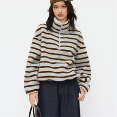 Half Zip Striped Stand Collar Fuzzy Sweatshirt