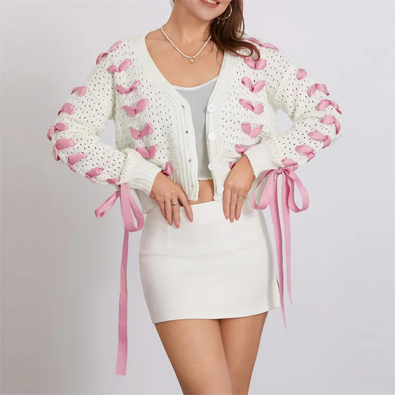 White Pink Ribbon Lace Up Sweater Cardigan – Free From Label