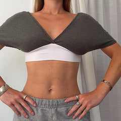 Grey Colour Block Deep V-Neck Short Sleeve Crop Top